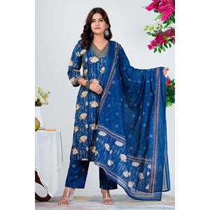 Ensemble Kurta imprimé bleu élégant pour femme avec décolleté brodé et Dupatta - Product Image 4