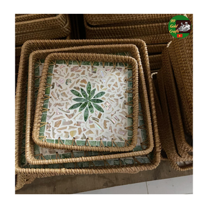 Plateau de service en mosaïque de rotin naturel, mélange de nacre, plateau en rotin fait à la main pour la décoration de la maison, restaurant, plateau en rotin mélange de céramique - Product Image 2
