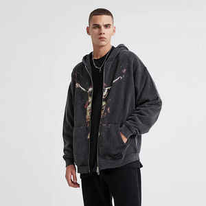 Sudaderas con capucha desgastadas lavadas con ácido de lana suave para hombre con suéter/cremallera Tipo de patrón sólido de invierno Estampado Bajo MOQ Suministro al por mayor - Product Image 4