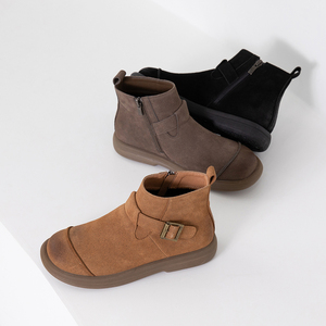 [JSHOE] Botines con hebilla de piel de vaca genuina para mujer, botines cómodos de cuero de gamuza con tacón de 3cm, cremallera lateral, ropa informal para Otoño e Invierno - Product Image 1