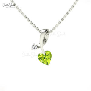 Handcrafted 14k Solid Gold Natural 5mm Heart <b>Shaped</b> Peridot Gemstone Curved Pendant With 2mm Round G-H Diamond Pendant Jewelry - Product Image 4