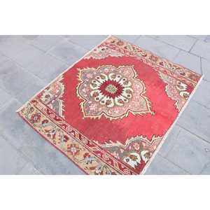 Vintage 4.4x3.6 ft Rug, Turkish Rug, <b>Red</b> Solid <b>Wool</b> Rug - Product Image 2