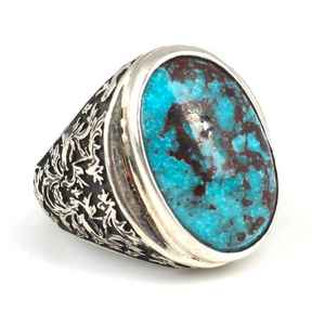 Bague ovale pour homme en argent sterling 925 gravée à la main avec pierre turquoise véritable certifiée GRS, bijou artisanal en grappe, 15 g, Turquie - Product Image 3