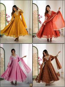 Traje de Vestido Anarkali, Estilo Floral, Georgette, Bordado con Lentejuelas, Holgado, Natural, Sólido, para Fiesta, Verano, Largo hasta el Suelo - Product Image 6