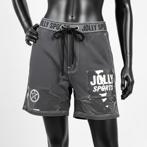 Shorts de sport pour femme en coton polyester extensible de qualité supérieure, avec empiècements transparents en PVC et logo personnalisé imprimé. - Product Image 1