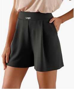 กางเกงขาสั้นขากว้างนุ่มของผู้หญิงเอวสูงสไตล์สบายๆสบาย ๆ พร้อมกระเป๋าเอวกลางแห้งเร็ว - ลายอินซีมที่เป็นของแข็ง - Product Image 1