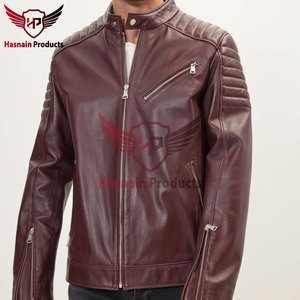 Blouson en cuir véritable bordeaux pour homme, col montant, épaules côtelées, poches zippées, en peau de mouton, style motard, vêtement d'extérieur personnalisé pour l'hiver - Product Image 4