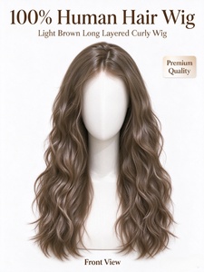 Perruque 100% cheveux humains, brun clair, longue, à couches, bouclée, ondulée naturelle, pour usage quotidien - Product Image 1