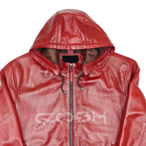 Chaqueta de Cuero Genuino Roja con Capucha Desmontable, Cierre Frontal con Cremallera, Estilo Bomber/Biker Versátil, Prenda Exterior de Primera Calidad - Product Image 5