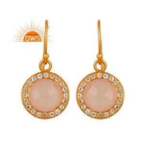 Pendientes colgantes de piedras preciosas de topacio blanco y Calcedonia Rosa natural esterlina superventas, fabricante de joyería personalizada - Product Image 1