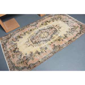 Alfombra de lana clásica Beige marrón de 3,8x6,3 pies, diseño de retazos turco para entrada, sala de estar o dormitorio, respaldo de látex - Product Image 2