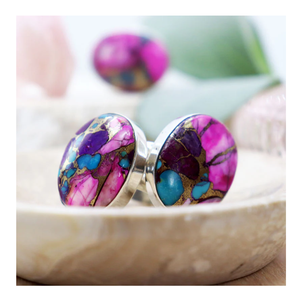 Bague Turquoise Naturel Kingman Rose Dahlia Multicolore Turquoise Rose Spiny Oyster Bague en Argent Sterling Fait Main - Product Image 3