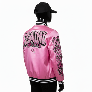 Chaqueta Universitaria de Satén de Alta Calidad de 220 GSM, Color Rosa, con Paneles de Patchwork, Logotipo Personalizado Bordado, Chaqueta de Satén Chenilla para Hombre - Product Image 5