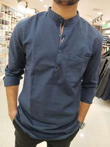 <b>Men's</b> Regular Fit Casual Short Kurta 100% Cotton Blend <b>Shirt</b> for Summer Solid Design Full Sleeve Casual Indigo <b>Blue</b> Kurta <b>Shirt</b> - Product Image 4