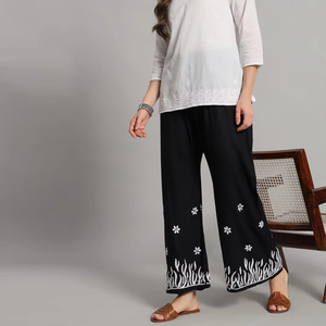 Palazzo en rayonne noir et blanc, broderie chikankari, respirant, anti-froissement, taille élastique, tissu crêpe d'été, formel, 300g, haute qualité - Product Image 1