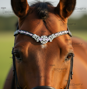 Bride d'équitation en cuir noir faite à la main, design floral en forme de V, avec bandeau de tête de cheval en cristal transparent et lavande de luxe - Product Image 6