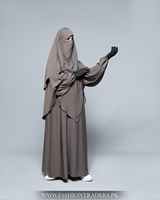 Abaya islamique haut de gamme OEM en polyester et laine, couleur taupe foncé, respirante, confortable, coupe ample, pour usage quotidien, longueur au sol, manches ballon