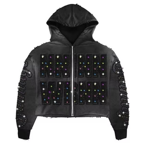 Conjunto de Sudadera con Capucha y Pantalones Deportivos Anchos con Lavado Ácido Personalizados para Hombre, Ropa Deportiva Bordada, Chándal con Pedrería, Sudadera Corta - Product Image 4