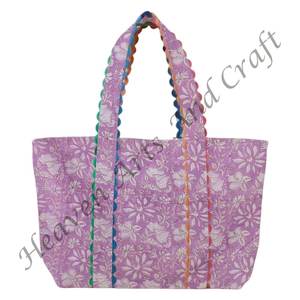 Sac fourre-tout en coton indien fait à la main, sac de plage Jhola avec imprimé à la main en ric-rac, longueur courte pour le shopping - Product Image 6