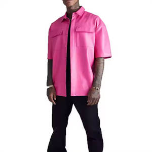 Nueva llegada de los hombres ligeros de manga corta camisas de cuero con estilo Casual High Street transpirable Stand Collar cierre de cremallera - Product Image 6