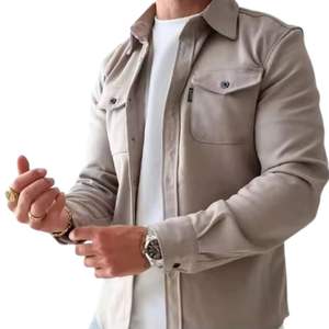 Último diseño de los hombres Casual Color personalizado botón Arriba mezcla de lana camisa chaqueta bolsillos otoño elegante Shacket prendas de vestir exteriores cuello alto - Product Image 4
