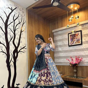 Navratri Special Digital Printed & Real <b>Mirror</b> Work Hand Work Lace Border Lehenga Choli & <b>Mirror</b> Work Dupatta In Muslin Cotton - Product Image 1