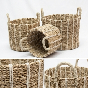 Ensemble de paniers de rangement en herbe naturelle Mendong, avec pot cylindrique vertical à poignée arquée et rayures blanches, pour une décoration artistique pure de la pièce - Product Image 2