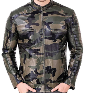 Chaqueta de Cuero con Estampado de Camuflaje 100% Genuina de Alta Gama, Forro de Satén Viscosa Transpirable, Cuello Alto, Cierre de Cremallera para Invierno - Product Image 1