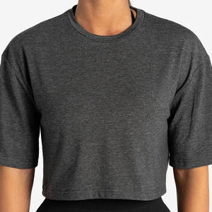 Custom Design Charcoal Marl Women Crop <b>T</b> <b>Shirt</b> Dropped Shoulders Short Sleeves Soft Stretchy Stylish Casual <b>Yoga</b> Gym Fitness Tee - Product Image 3
