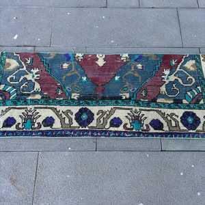 Alfombra Turca de 1.6x4.3 pies, Alfombra, Alfombra Azul con Diseño Floral de Lana - Product Image 3