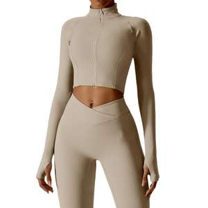 Custom Quality Women Ribbed Fitness Quick Dry Tight Front Zipper <b>Set</b> Long Sleeve <b>Seamless</b> Tank <b>Top</b> <b>Leggings</b> Yoga <b>Sets</b> - Product Image 3