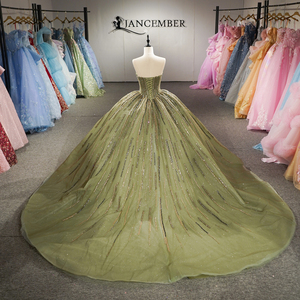 Robe de bal Quinceañera élégante en organza avec appliques de perles de cristal, sans manches, taille naturelle, longueur ras du sol, style bouffant - Product Image 4