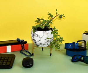 Designer <b>White</b> Marble Effect Metal Floor <b>Planter</b> For Indoor Plant Arrangement Contemporary Home Styling And Decorative Use - Product Image 6