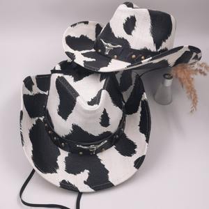 Women <b>Men</b> Vintage Western Black White Dairy Cattle Printed Cowboy <b>Hat</b> Summer Wide Brim Ox-headed Leather Band Cow <b>Straw</b> <b>Hats</b> - Product Image 3