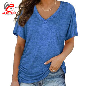 Camisetas plisadas de manga corta con cuello en V para mujer, Túnica básica holgada de verano con fruncido lateral, camisetas informales, Top de entrenamiento de algodón - Product Image 1