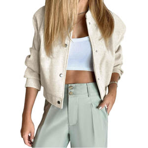 Women Cropped Bomber Jacket Wool Blend Letterman Short Coats Long Sleeve <b>Button</b> Down Winter Casual Outerwear Jacket - Product Image 4