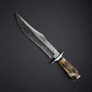 Cuchillo de Caza de Acero de Damasco Hecho a Mano con Mango de Cuerno de Ciervo, con Funda, Hoja Fija, Personalizable, OEM, Supervivencia, Táctico - Product Image 5