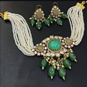 Fashionable Matt Gold Plated Polki Kundan Necklace <b>Set</b> Earrings Stylish <b>Jewellery</b> <b>for</b> <b>Wedding</b> and Anniversary Celebrations - Product Image 1
