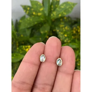 14k Gold Bezel-Set Aquamarine <b>Stud</b> <b>Earrings</b> with Diamond <b>Opal</b> Rose White Gold Trendy Hoop Design Gold Plated - Product Image 1