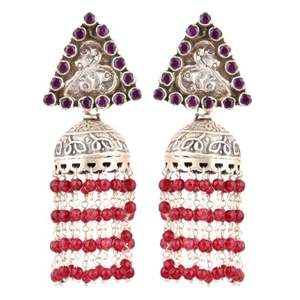 Pendientes triangulares de plata de ley 92,5 hechos a mano, joyería roja larga Jhumki, joyería de moda para mujeres y niñas, 6,90 cm, NSJ-735/45790 - Product Image 1