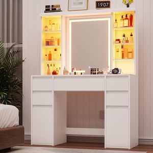 <strong>Vanity</strong> <strong>Desk</strong> <strong>with</strong> LED Mirror and RGB Lights Shelves,<strong>with</strong> Power Outlet, and <strong>with</strong> 5 Sliding <strong>Drawers</strong> &amp; 2 Cabinets for Bedroom - Product Image 3