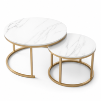 Ensemble de 2 tables basses modernes aspect marbre, plateau rond en pierre, cadre doré, tables gigognes pour salon et maison