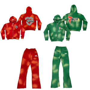 Ensemble de survêtement unisexe en molleton avec logo personnalisé, style vintage, streetwear d'hiver, sweat à capuche zippé et pantalon de jogging, effet délavé à l'acide, 100% coton - Product Image 1