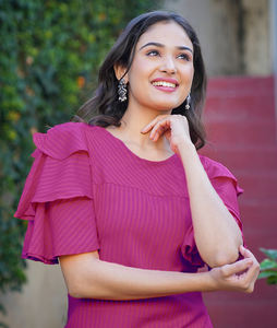 Wholesale womens viscose stripe regular <b>top</b> with round neckline and half <b>sleeves</b> shaped in an s size <b>purple</b> colour comfort wear - Product Image 3