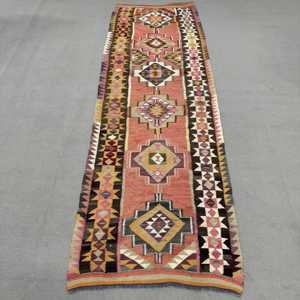 Vintage <b>Runner</b> Rug 3.5x11.4 ft, Turkish Kilim <b>Red</b> Floral Wool Rug - Product Image 1