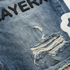 Shorts en jean pour hommes, imprimé puff, streetwear, coupe ample, délavé, écologique, décontracté, demi-pantalon, vente en gros, commande en gros - Product Image 4