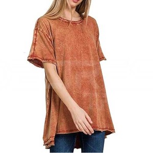 Camisetas de mujer de lavado ácido de alta calidad 2024, camiseta informal para mujer con hombros caídos, venta al por mayor, nuevo diseño de manga corta - Product Image 5