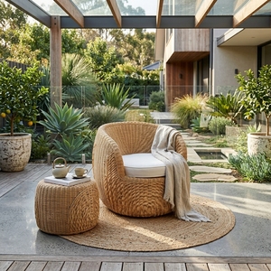 Fauteuil de jardin extérieur moderne en rotin tressé naturel avec coussin de siège blanc pour villa et parc – Ensemble de chaises longues de patio - Product Image 3