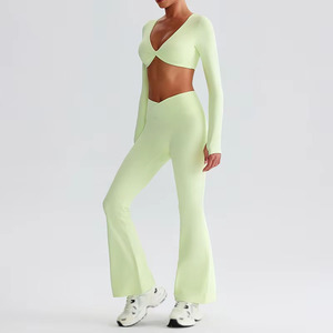 ชุดเล่นกีฬาเข้ายิมสำหรับผู้หญิงบราเซ็กซี่เสื้อแขนยาวกางเกงขาสั้นเลกกิ้งเอวสูงชุดเล่นโยคะฟิตเนสเป็นมิตรกับผิว - Product Image 3
