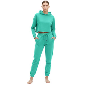 Ensemble sweat à capuche court et pantalon de survêtement pour femme, en polaire légère, doux, écologique, réversible, style urbain, couleur unie, pour l'hiver - Product Image 1